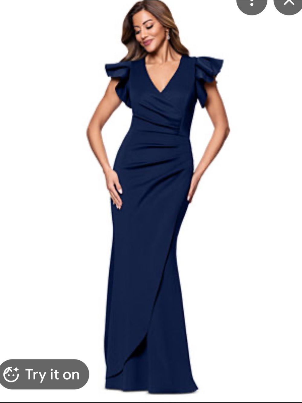 Xscape Navy Ruffle Sleeve V-Neck Maxi Dress